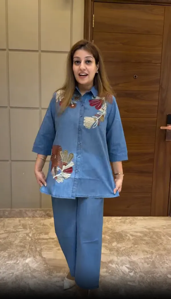 Blue_Cotton_Denim_Straight_Embroidered_Kurta_Set_For_Women