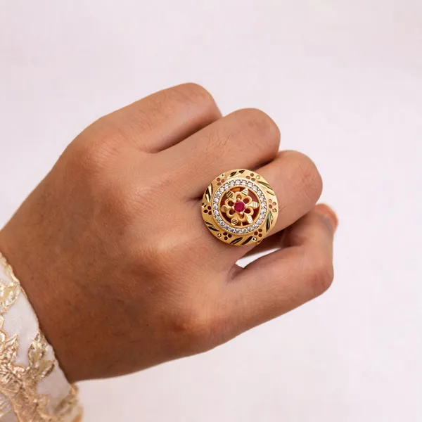 Gold_Brass_Floral_Red_Stone_Studded_Statement_Ring_For_Men