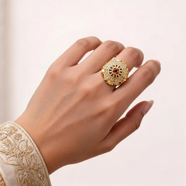Gold_Brass_Floral_Red_Centre_Stone_Studded_Statement_Ring_For_Women