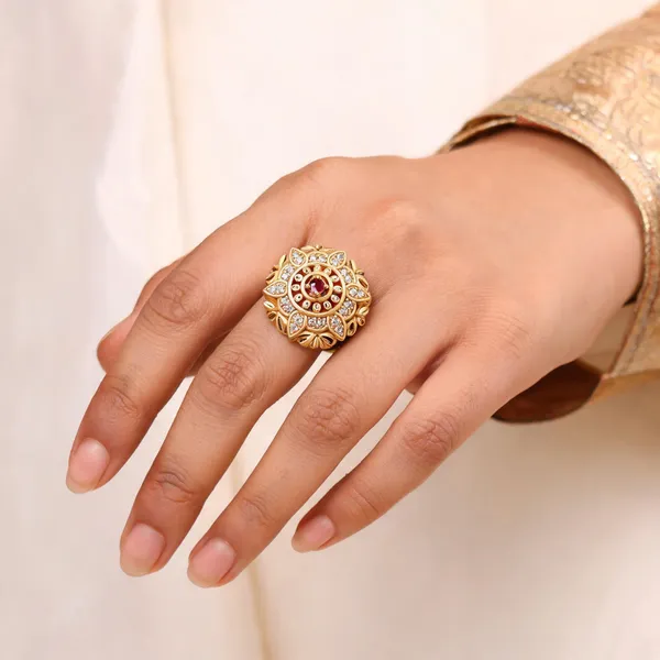 Gold_Brass_Floral_Red_Stone_Embellished_Statement_Ring_For_Women