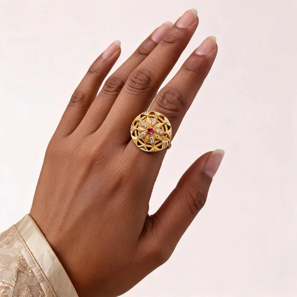 Gold_Brass_Layered_Floral_Red_Stone_Statement_Ring_For_Women