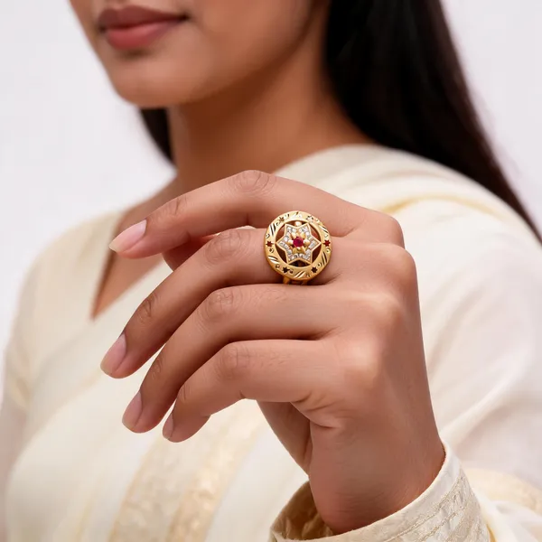Gold_Brass_Star_Motif_Red_Stone_Studded_Statement_Ring_For_Women