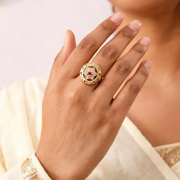 Gold_Brass_Star_Motif_Red_Stone_Studded_Statement_Ring_For_Women