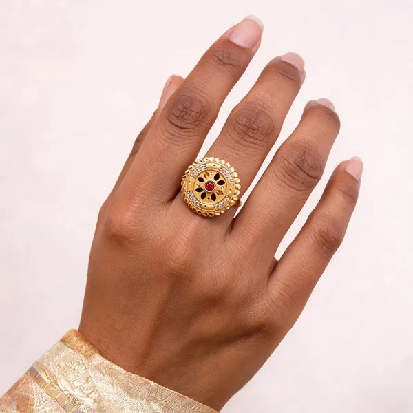 Gold_Brass_Floral_Openwork_Red_Stone_Statement_Ring_For_Women