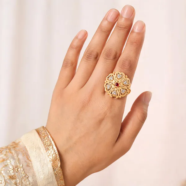 Gold_Brass_Six-Petal_Floral_Red_Stone_Statement_Ring_For_Women
