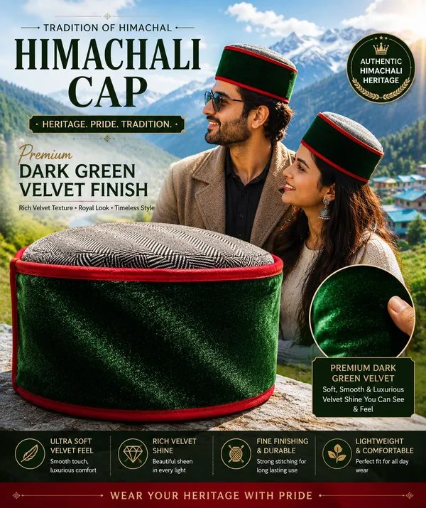 Dark_Green_Velvet_Himachali_Cap_For_Men_And_Women