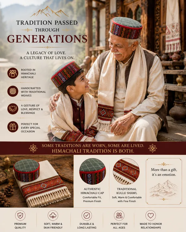 Premium_Beige_Shawl_with_Multicolor_Traditional_Himachali_Cap_Set_for_Men_&_Women_|_Himalayan-Inspired_Heritage_Design_