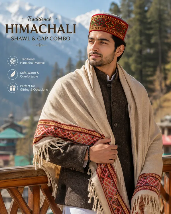 Beige_Traditional_Weave_Shawl_And_Cap_Set_For_Men