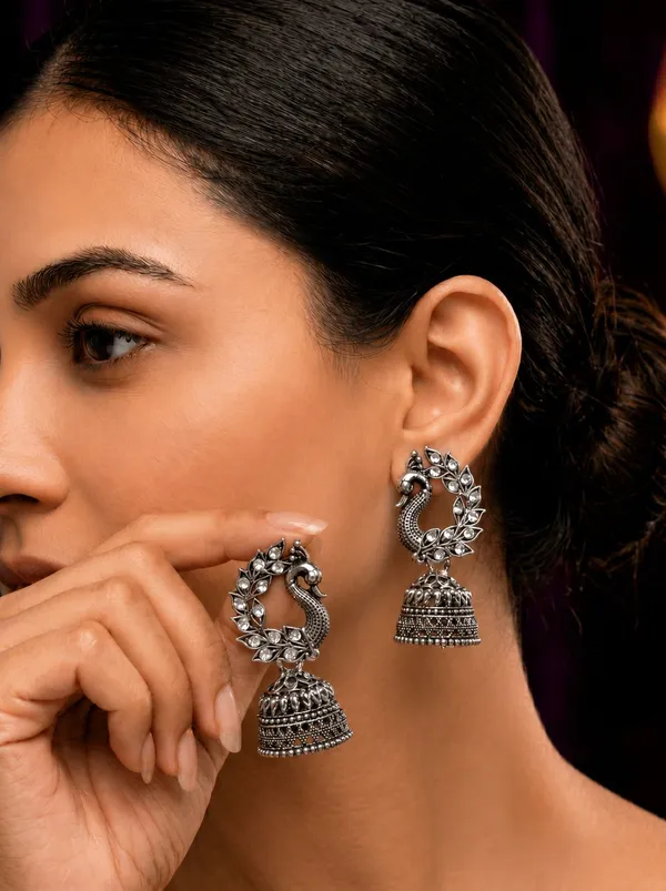 Silver_Metal_Oxidized_Peacock_Motif_Jhumki_Earrings_For_Women