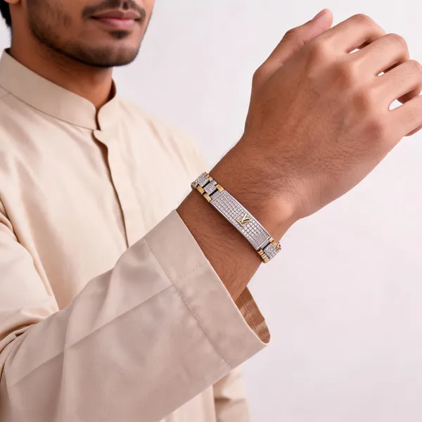 Gold_Silver_Stainless_Steel_Two-Tone_Ad_Stone_Bracelet_For_Men