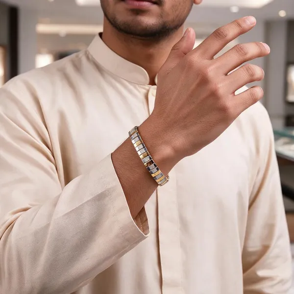 Gold_Silver_Stainless_Steel_Two-Tone_Ad_Stone_Link_Bracelet_For_Men