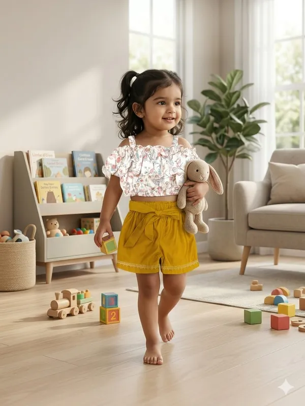 Yellow_Floral_Print_Top_And_Shorts_Set_for_Girls