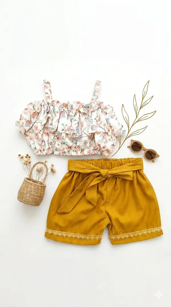 Yellow_Floral_Print_Top_And_Shorts_Set_for_Girls