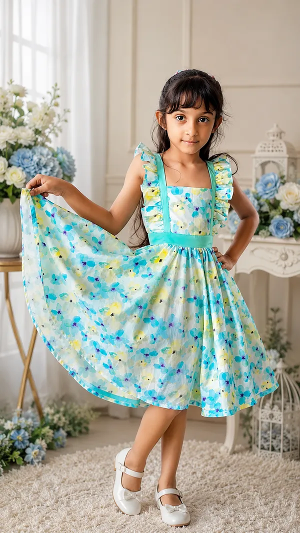 Aqua_Floral_Print_Ruffle_Dress_for_Girls