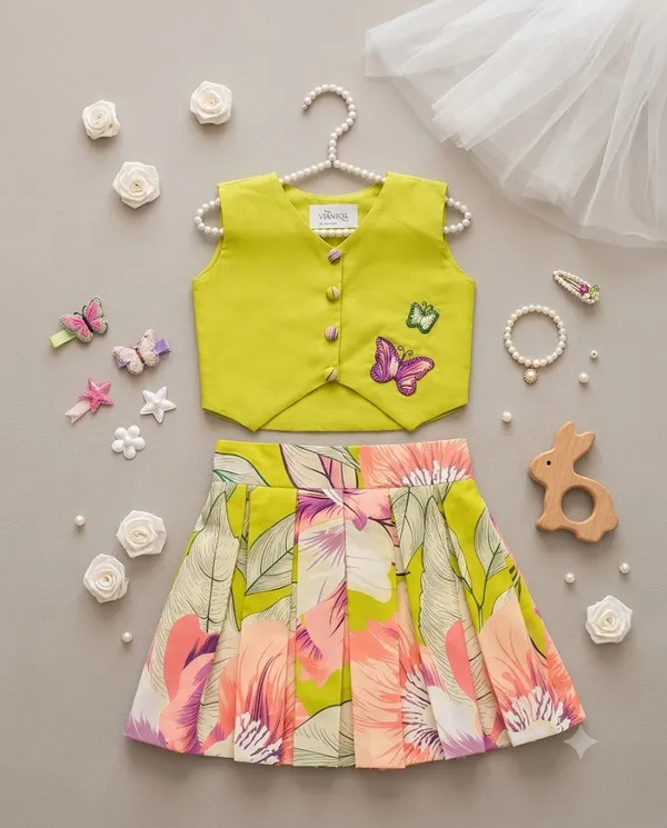 Green_Floral_Print_Skirt_Set_for_Girls