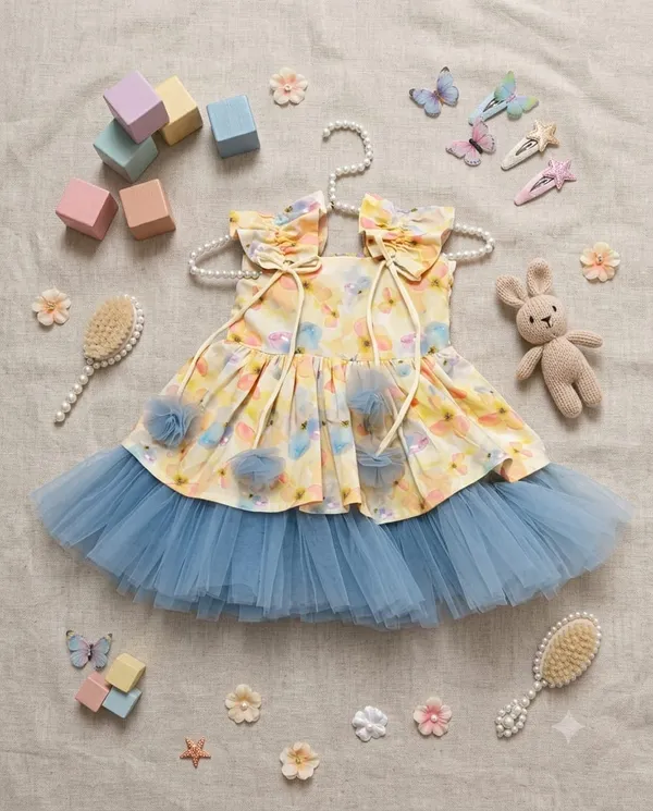Yellow_Floral_Print_Layered_Party_Dress_for_Girls