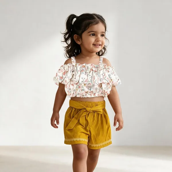 Yellow_Cotton_Satin_Floral_Print_Top_And_Shorts_Set_For_Girls