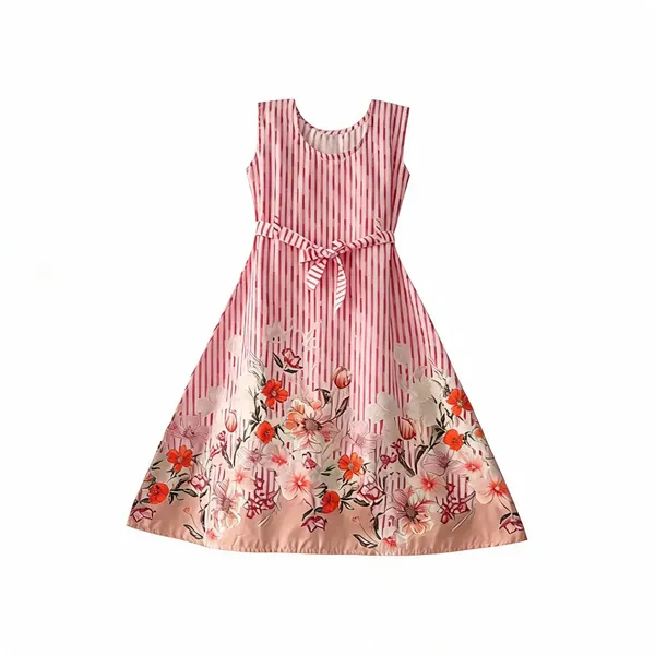 Pink_Cotton_Striped_Floral_Hem_A-Line_Dress_For_Girls