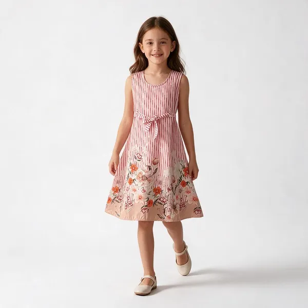 Pink_Cotton_Striped_Floral_Hem_A-Line_Dress_For_Girls