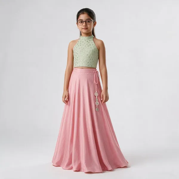Pink_Green_Georgette_Embellished_Lehenga_Set_For_Girls