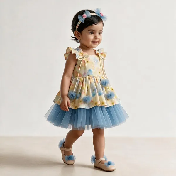 Yellow_Cotton_Floral_Print_Layered_Party_Dress_For_Girls