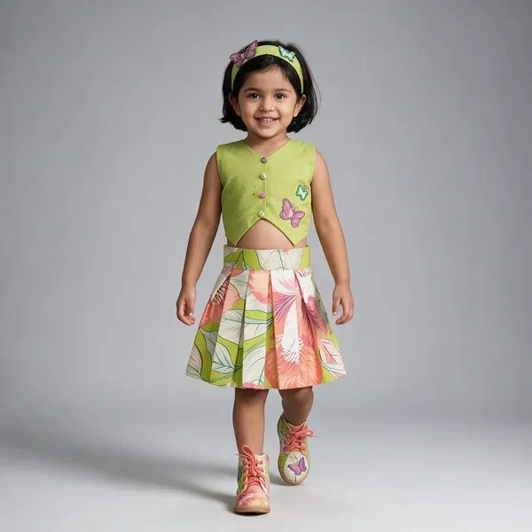 Green_Cotton_Floral_Print_Skirt_Set_For_Girls