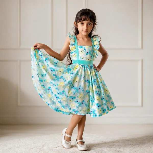 Aqua_Cotton_Floral_Print_Ruffle_Dress_For_Girls