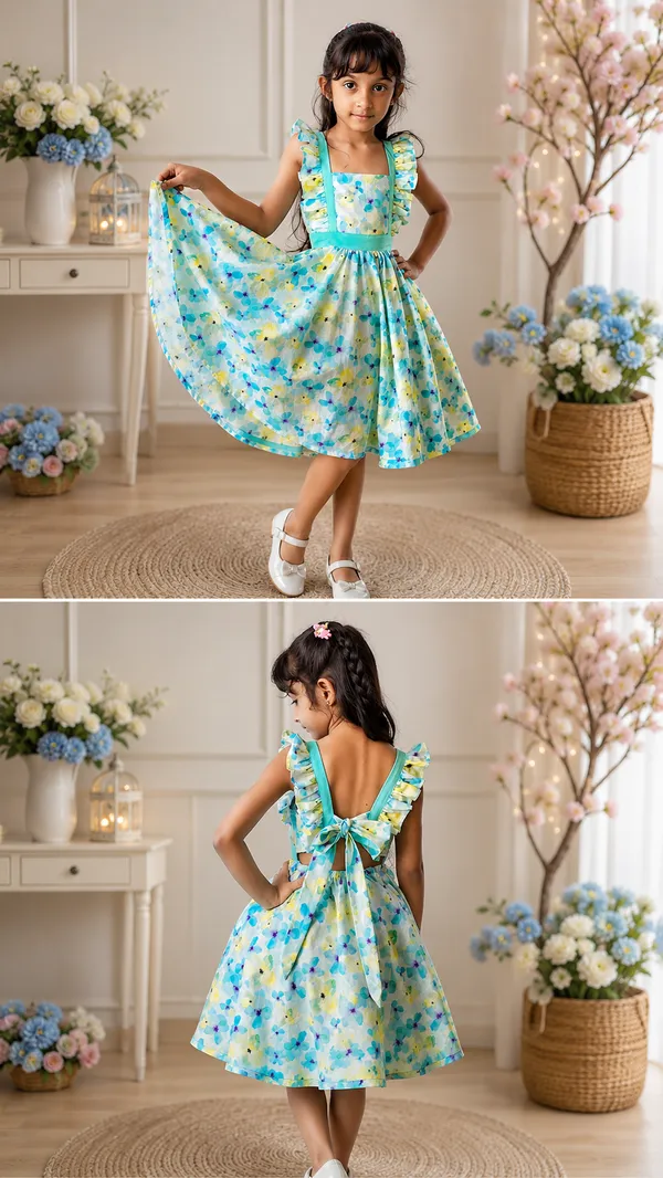 Aqua_Floral_Print_Ruffle_Dress_for_Girls