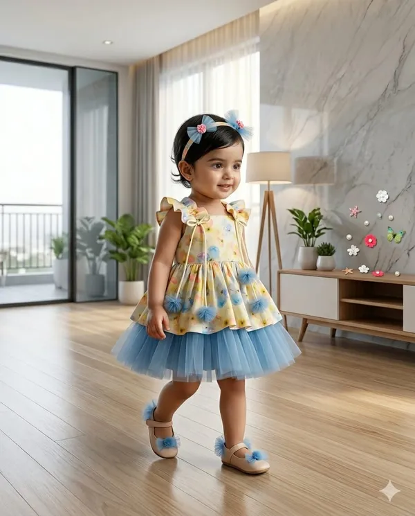 Yellow_Floral_Print_Layered_Party_Dress_for_Girls