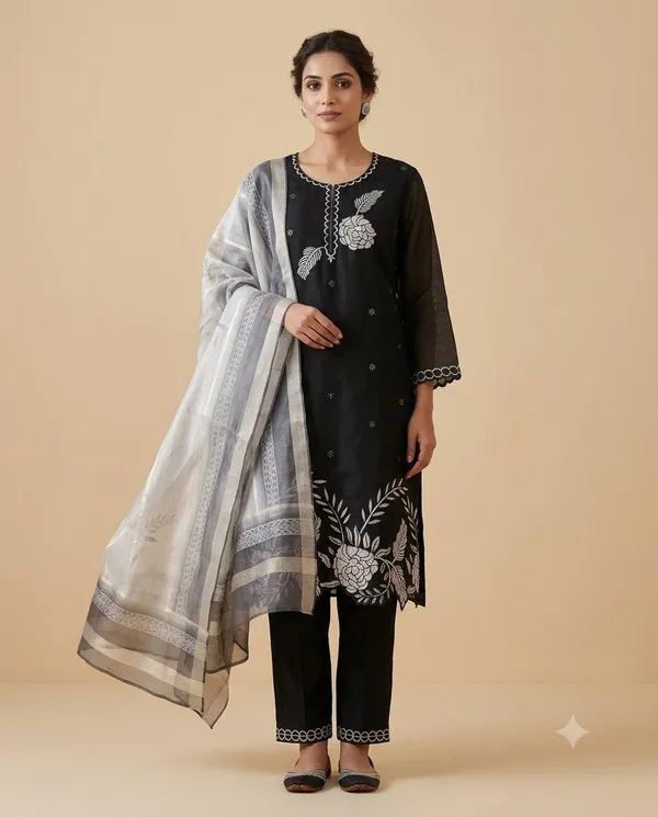 Black_Silk_Embroidered_Straight_Kurta_Set_For_Women