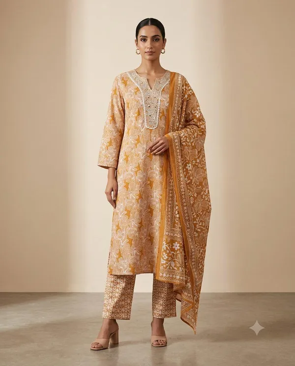 Mustard_Cotton_Printed_Straight_Kurta_Set_For_Women