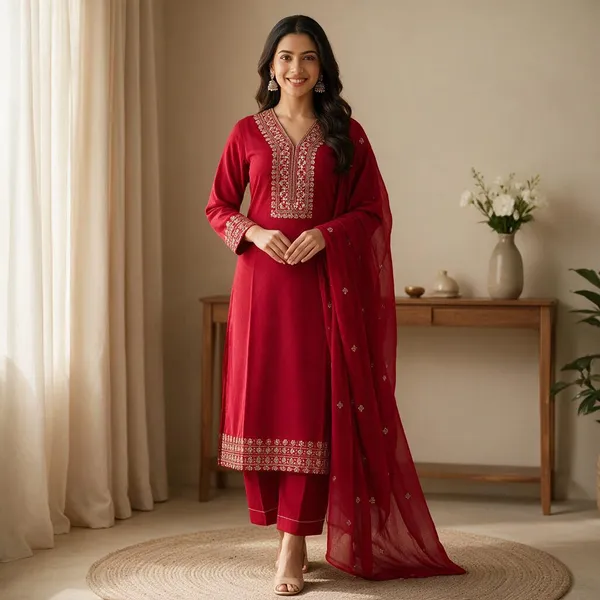 Red_Cotton_Embroidered_Straight_Kurta_Set_For_Women
