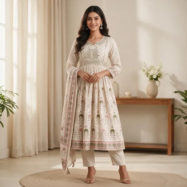 Cream_Cotton_Flared_Printed_Kurta_Set_For_Women