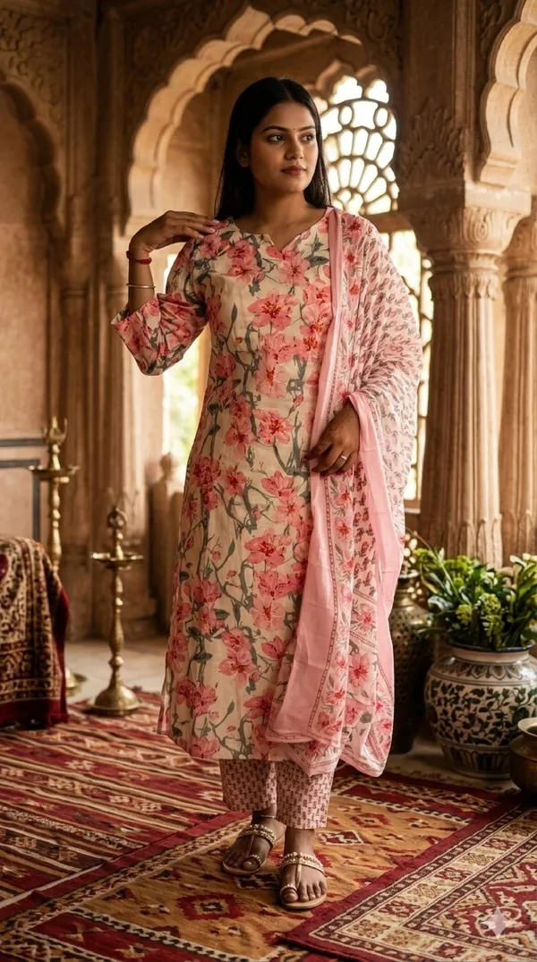 Pink_Cotton_Floral_Printed_Kurta_Set_For_Women