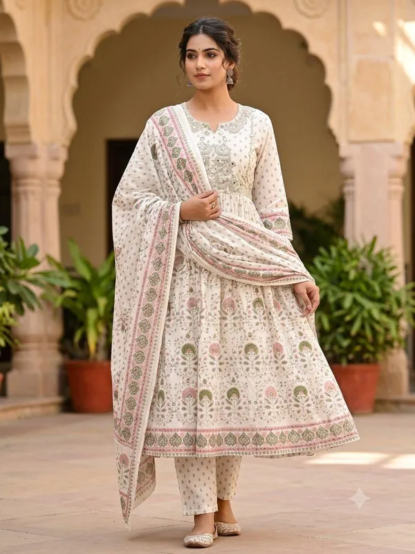 Cream_Cotton_Flared_Printed_Kurta_Set_For_Women