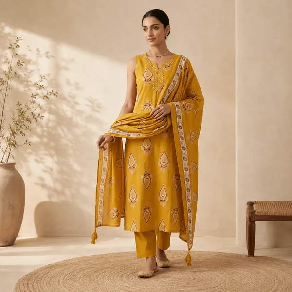 Mustard_Cotton_Printed_Straight_Kurta_Set_For_Women