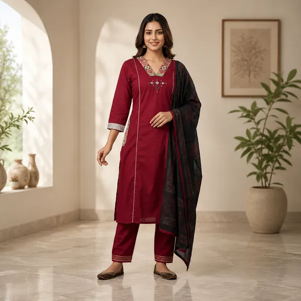 Maroon_Dabu_Cotton_Straight_Fit_Kurta_Set_For_Women