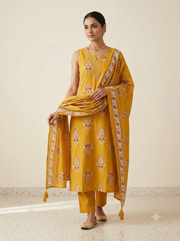 Mustard_Cotton_Printed_Straight_Kurta_Set_For_Women