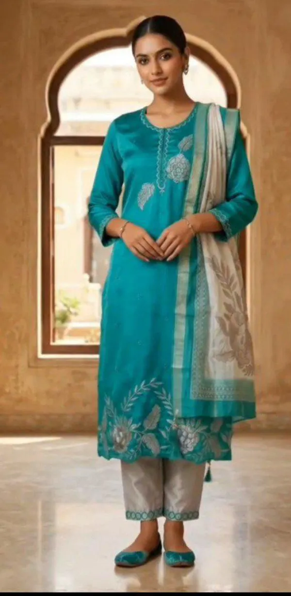 Teal_Silk_Printed_Straight_Kurta_Set_For_Women