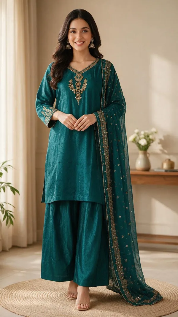 Teal_Crush_Fabric_Straight_Fit_Embroidered_Kurta_Set_For_Women