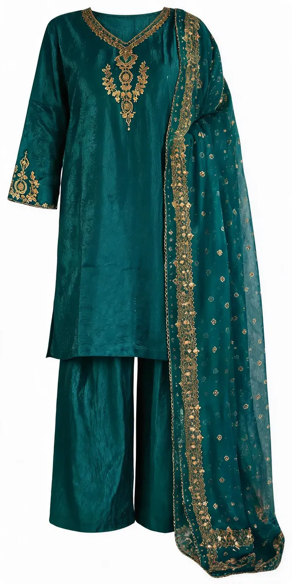 Teal_Crush_Fabric_Straight_Fit_Embroidered_Kurta_Set_For_Women