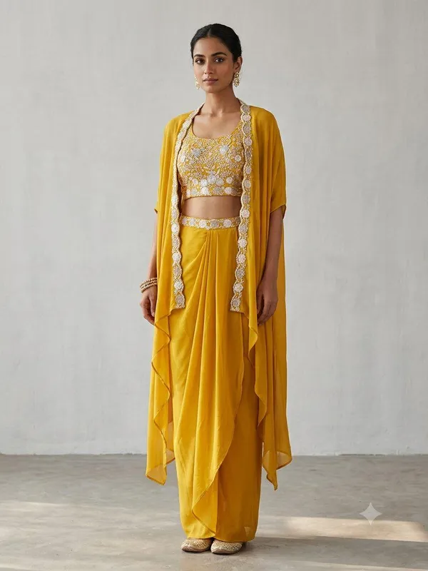 Yellow_Rayon_Draped_Saree_Set_For_Women