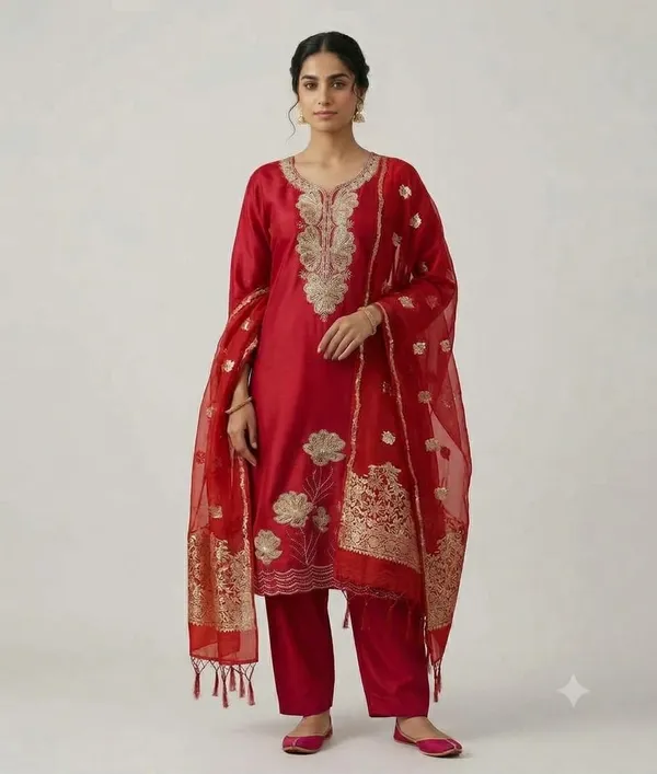 Pure_silk,_Tomato_red_with_embroidery_and_Banarsi_dupatta_