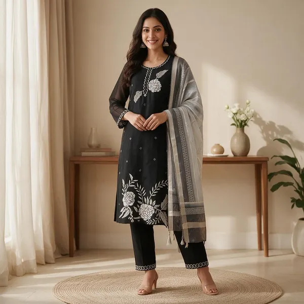 Black_Silk_Embroidered_Straight_Kurta_Set_For_Women