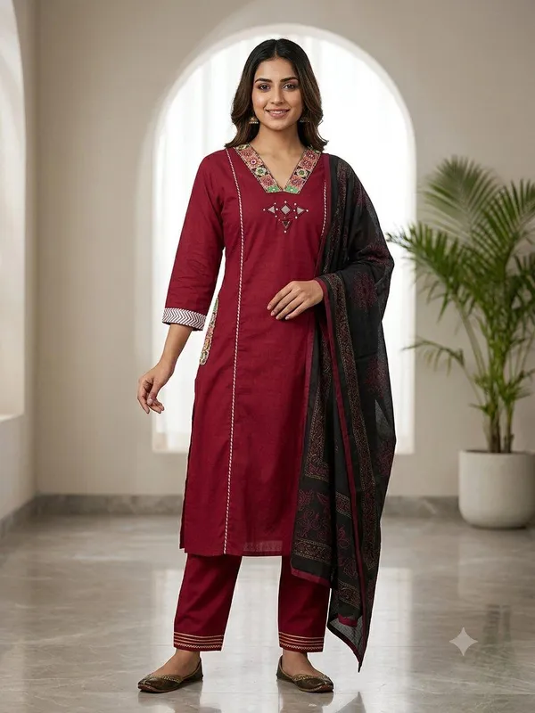 Maroon_Dabu_Cotton_Straight_Fit_Kurta_Set_For_Women