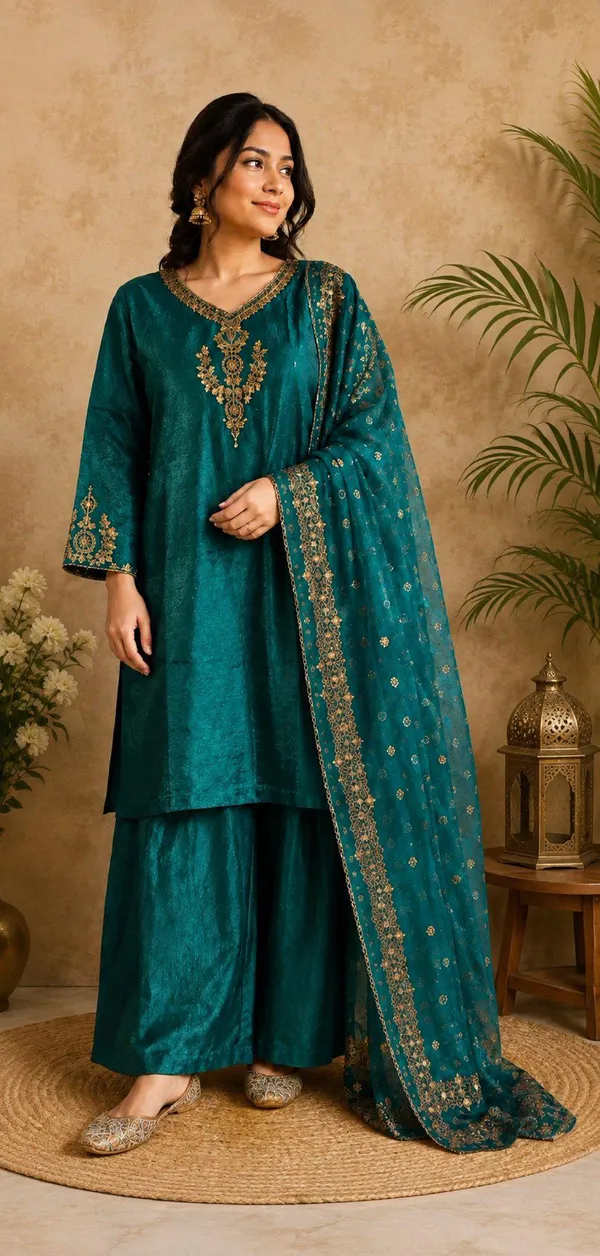 Teal_Crush_Fabric_Straight_Fit_Embroidered_Kurta_Set_For_Women