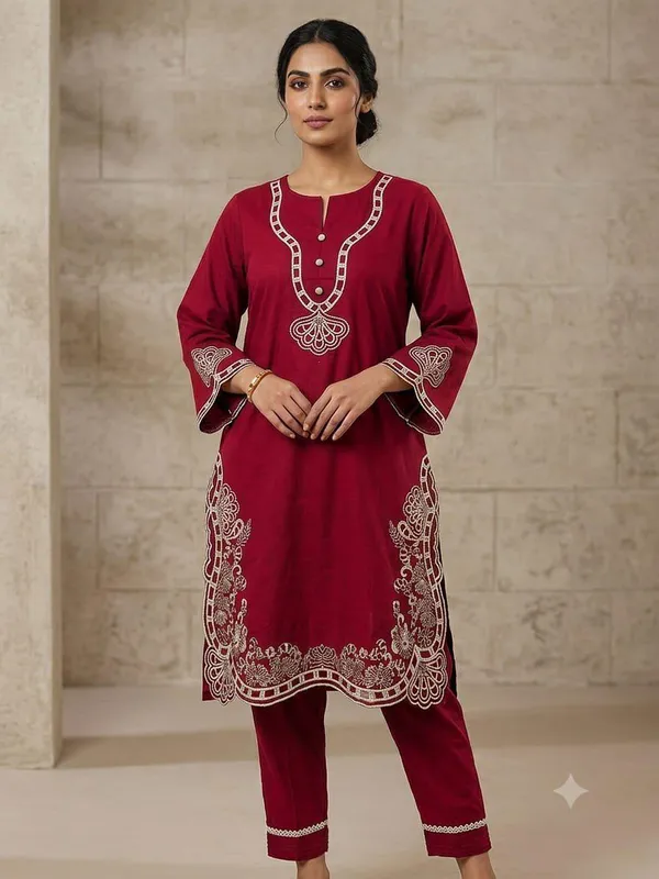 Maroon_Cotton_Embroidered_Cord_Set_For_Women