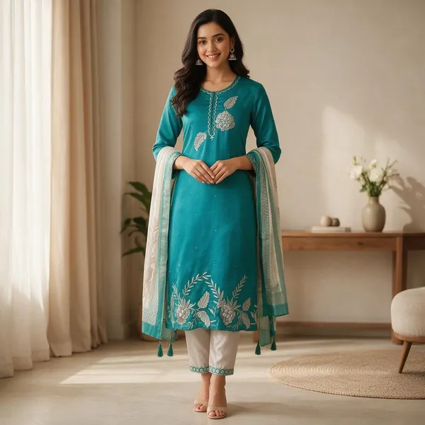 Teal_Silk_Printed_Straight_Kurta_Set_For_Women