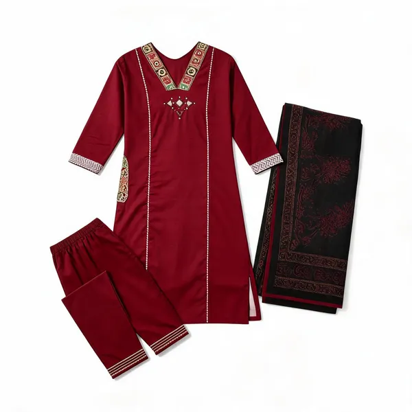 Maroon_Dabu_Cotton_Straight_Fit_Kurta_Set_For_Women