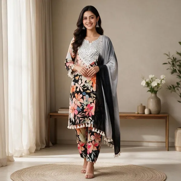 Black_Cotton_Floral_3-Piece_Kurti_Set_For_Women